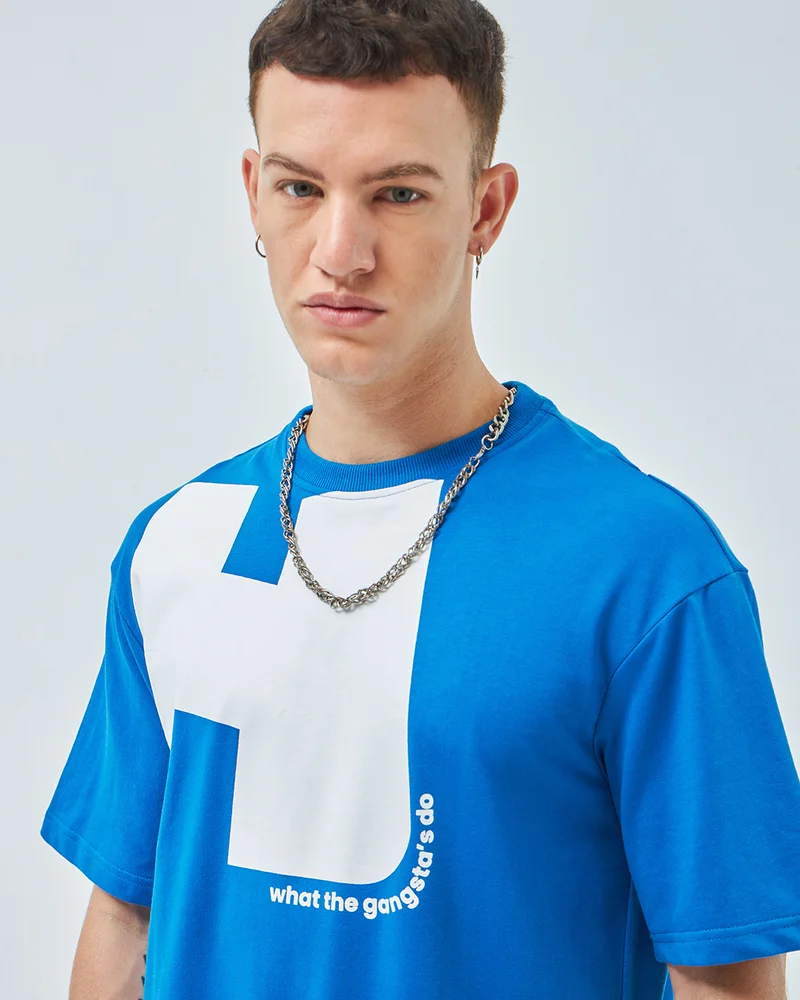 bewakoof  Men's Blue Typography Oversized Co-ordinates  | Best Price UAE